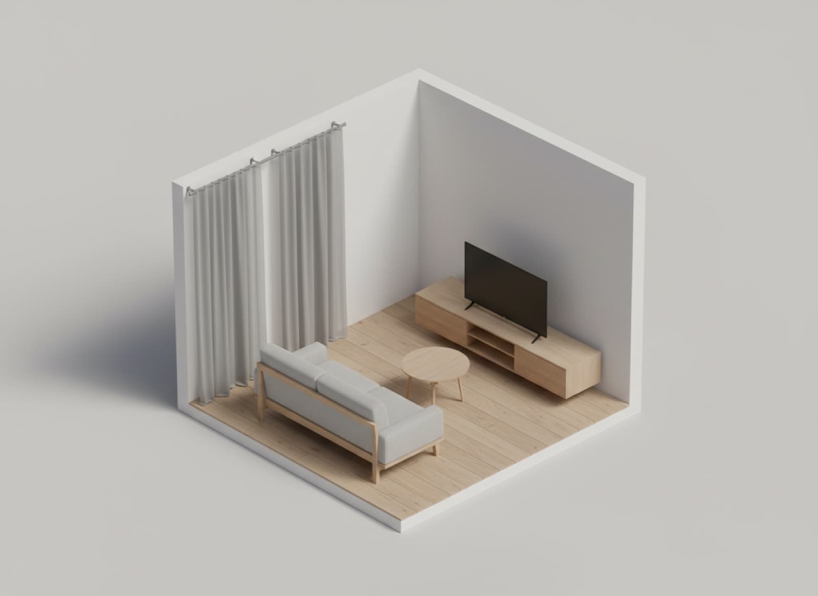 Isometric 3D render of a Scandinavian living room laid out in the planner: sofa, coffee table and TV console